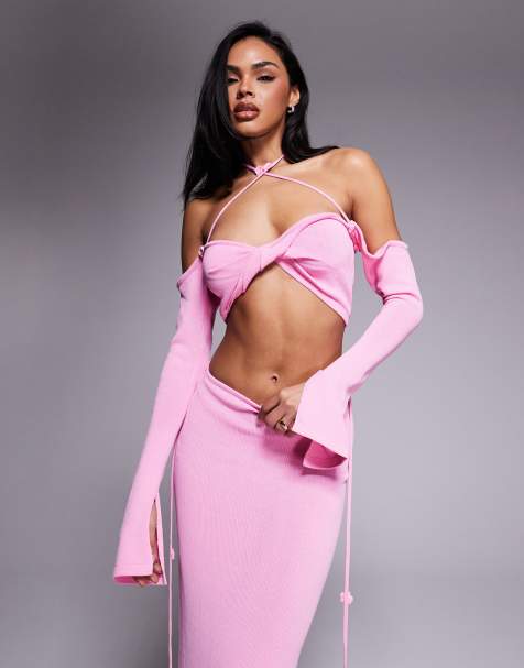 Wanderdoll - Ophelia - Crop top in maglia allacciato al collo incrociato sul davanti rosa confetto in coordinato - view 1