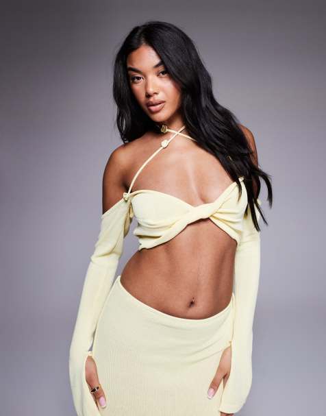 Wanderdoll Ophelia knitted cropped twist front halterneck top co-ord in lemon