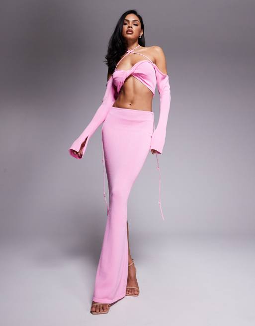 Wanderdoll - Ophelia - Gonna lunga in maglia rosa tenue con nappa con fiore all'uncinetto in coordinato