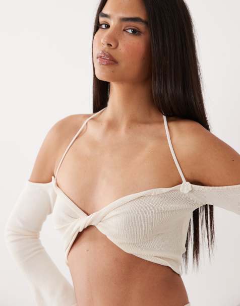 Wanderdoll Ophelia knit cropped twist front top in white - part of a set - view 1