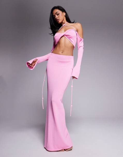 Wanderdoll Ophelia knitted cropped twist front halterneck top and maxi skirt co-ord in baby pink - view 1