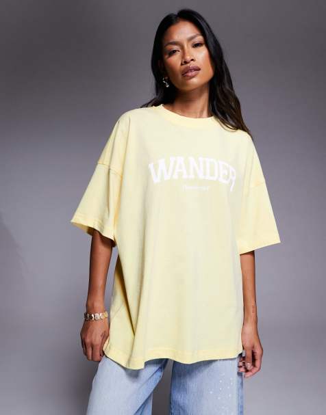 Wanderdoll oversized crew neck logo t-shirt in lemon and white logo - view 1