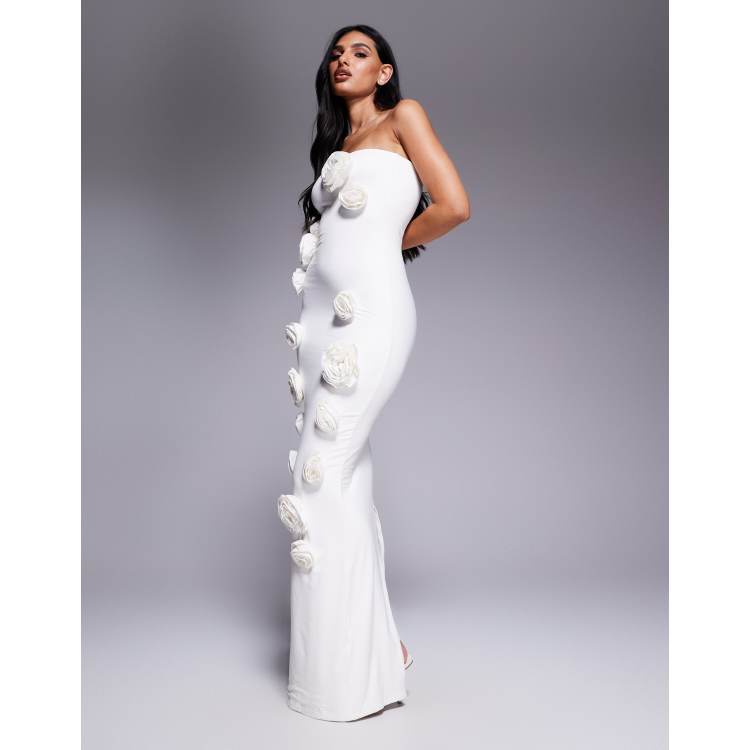 Wanderdoll Palma sculpting second skin bandeau corsage detail fishtail maxi  dress in cream | ASOS