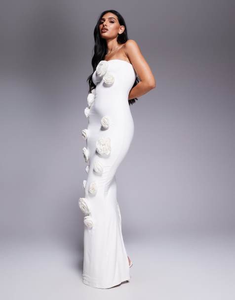 Wanderdoll Palma slinky bandeau corsage detail fishtail maxi dress in cream - view 1