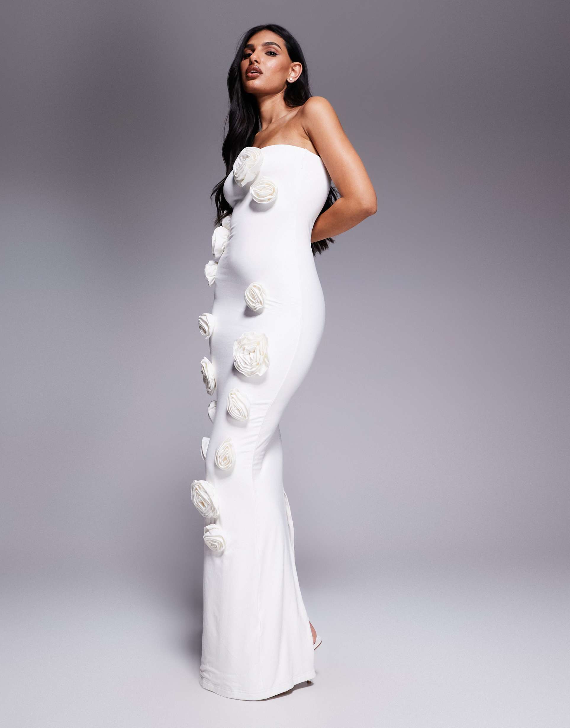 wanderdoll palma slinky bandeau corsage detail fishtail maxi dress in cream