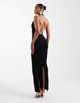 Wanderdoll Phe Sculpting Second Skin Halterneck Plunge Bodycon Maxi Dress In Black