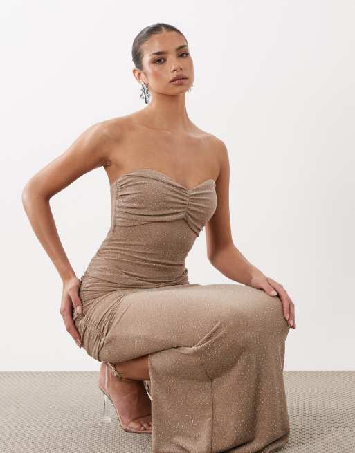 beige bandeau dress Satin Scalloped-Bandeau Ruched Mini Dress in Champagne - 8