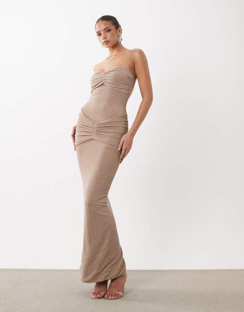 Wanderdoll Pia bandeau ruched hotfix maxi dress in mocha - view 1