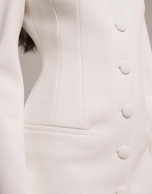 Wanderdoll Pippa Bridal tailored button down shoulder pad detailing mini dress in white, 3 of 5