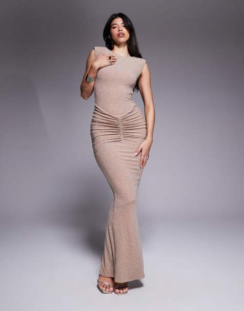 Wanderdoll Poppy sculpted slash neck ruched waist detail maxi dress in gold glitter - view 1