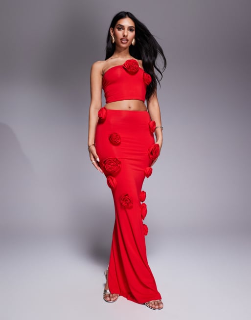 Wanderdoll - Posie - Maxi rok van co-ord set van gladde stof met corsagedetail in rood