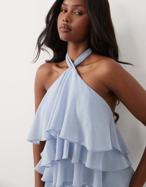 Wanderdoll Primrose chiffon halterneck tiered ruffle detail mini dress  co-ord in powder blue | ASOS