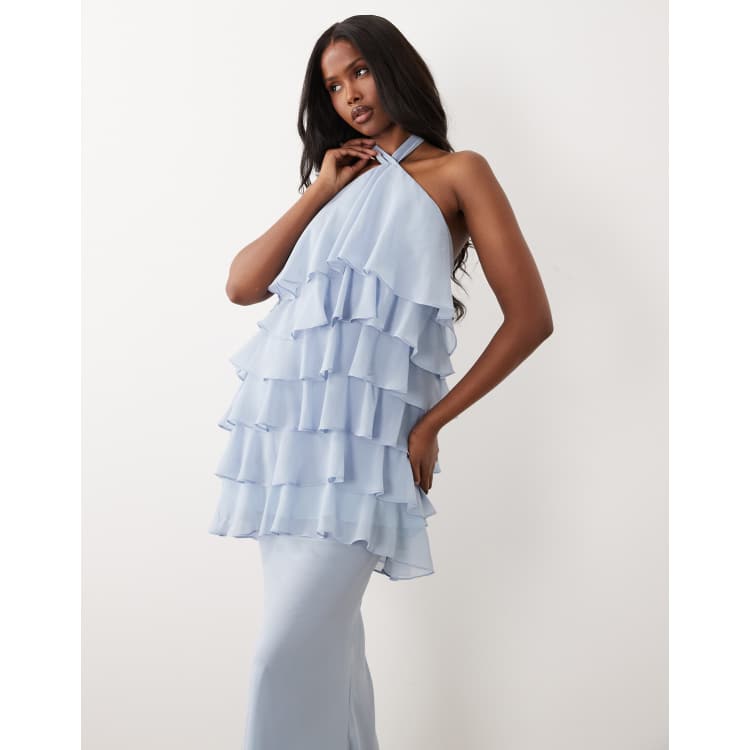 Wanderdoll Primrose chiffon halterneck tiered ruffle detail mini dress in  powder blue (part of a set)