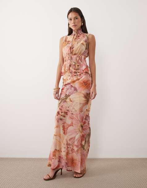 Wanderdoll Primrose chiffon sheer drape maxi skirt co-ord in antique pink floral - view 1