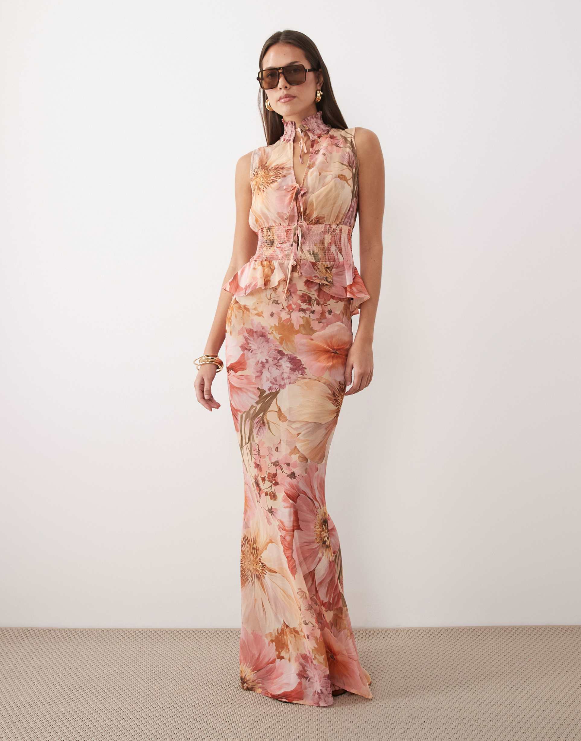 wanderdoll primrose chiffon sheer drape maxi skirt in antique pink floral - part of a set