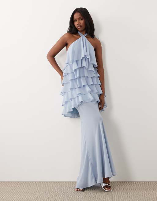 Wanderdoll - Primrose - Ensemble en mousseline avec robe courte dos nu à volants étagés et jupe longue - Bleu poudré