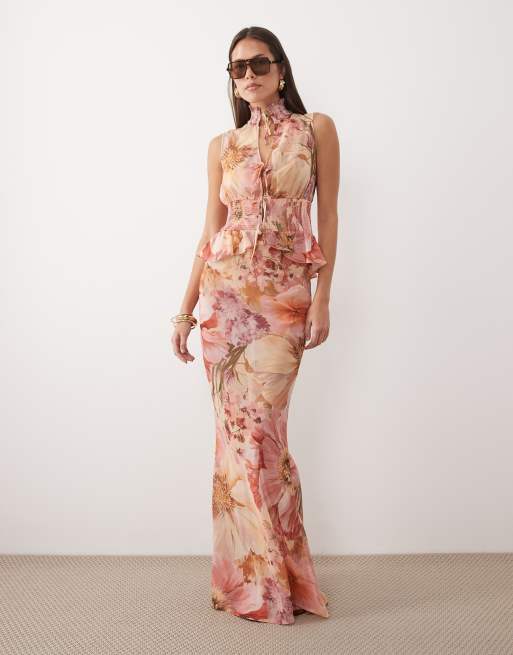 Wanderdoll - Primrose - Lyserødt sæt med ærmeløs top med bindedetalje og rynker og maxinederdel med blomstermønster i chiffon, 3 af 3