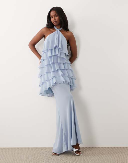 Wanderdoll - Primrose - Coordinato in chiffon blu polvere con vestito corto allacciato al collo con volant a balze e gonna lunga, 2 di 3