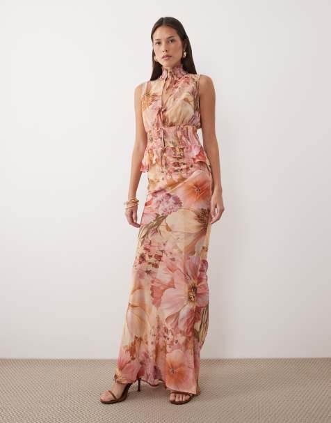 Wanderdoll Primrose tie detail sleeveless shirred chiffon top and maxi skirt set in pink floral - view 1