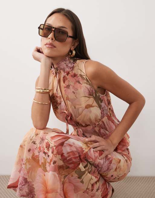 Wanderdoll Primrose tie detail sleeveless shirred chiffon top co-ord in pink floral , 3 of 4
