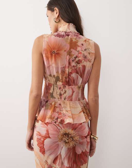 Wanderdoll Primrose tie detail sleeveless shirred chiffon top co-ord in pink floral , 4 of 4