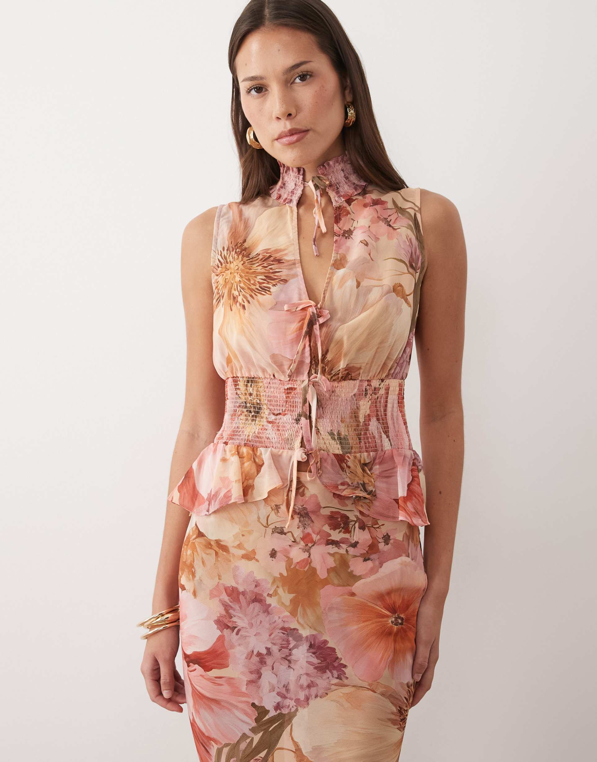 wanderdoll primrose tie detail sleeveless shirred chiffon top in pink floral - part of a set