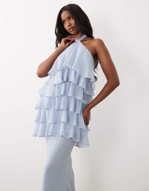 Wanderdoll - Primrose - Coordinato in chiffon blu polvere con vestito corto allacciato al collo con volant a balze e gonna lunga, 3 di 3