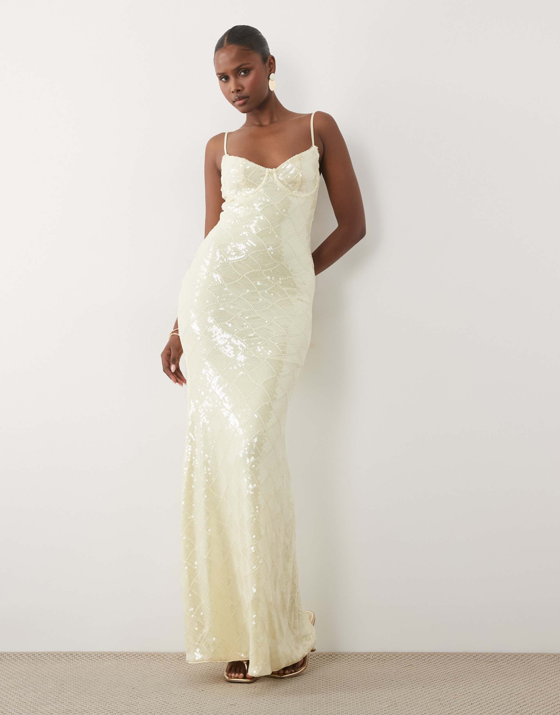 wanderdoll rhea cami cup detail sequin maxi dress in lemon