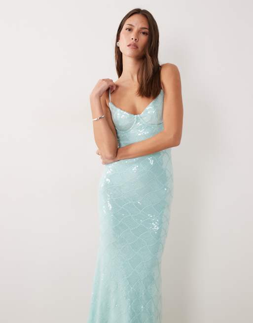 Wanderdoll – Rhea – Pailletten-Maxikleid in Türkis mit schmalen Trägern und Körbchendetail, 3 von 4