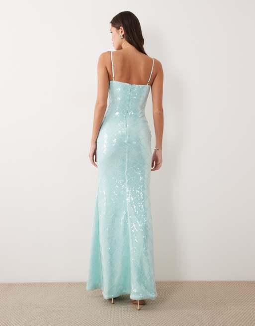 Wanderdoll – Rhea – Pailletten-Maxikleid in Türkis mit schmalen Trägern und Körbchendetail, 4 von 4