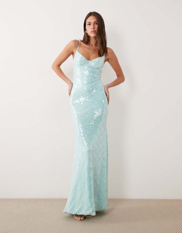 Wanderdoll Rhea sequin cami cup detail maxi dress in turquoise | ASOS