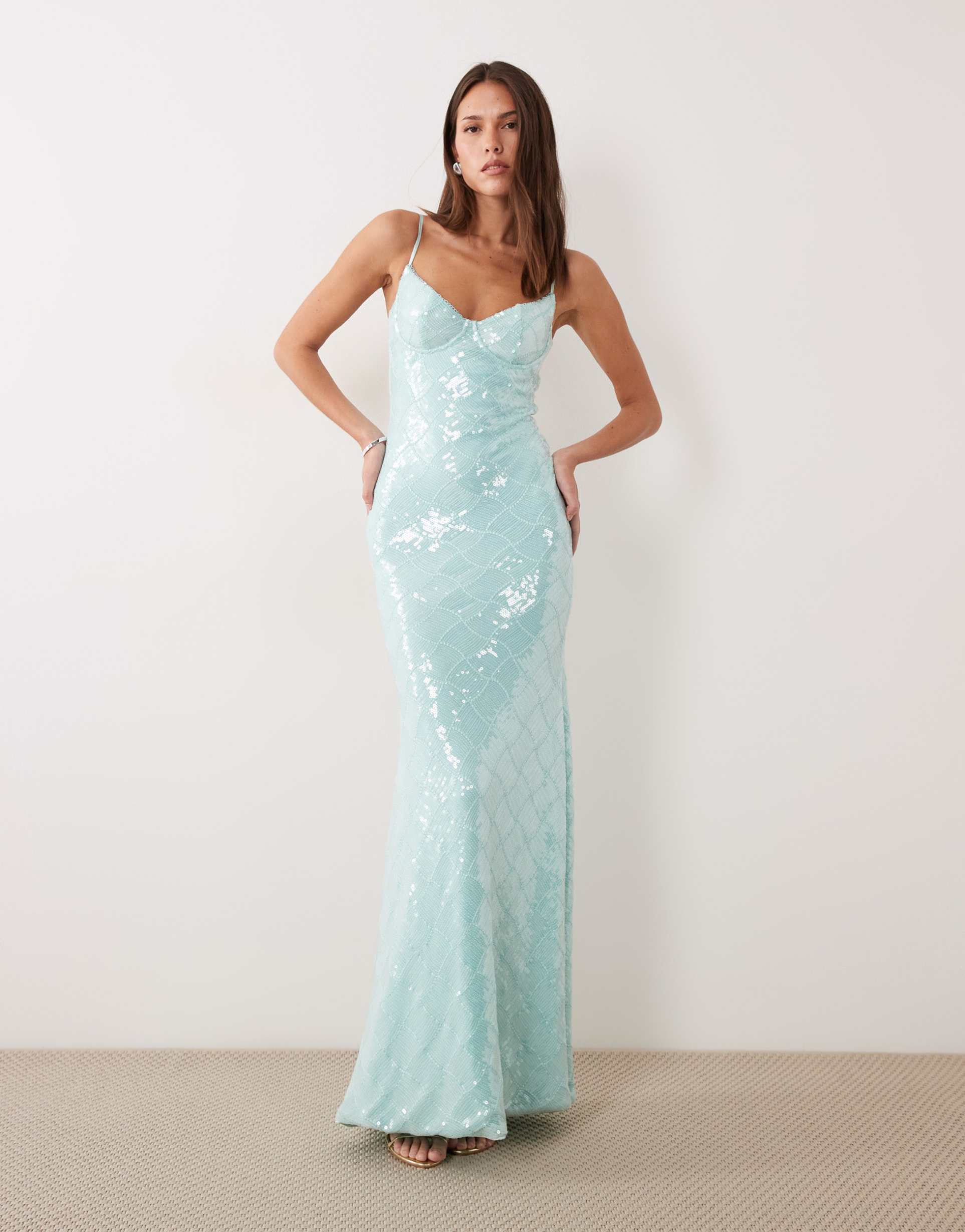 wanderdoll rhea sequin cami cup detail maxi dress in turquoise