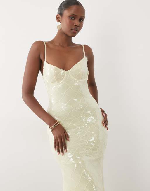 Wanderdoll - Rheah - Citrongul maxikjole med camistropper og skåldetaljer samt pailletter, 2 af 4