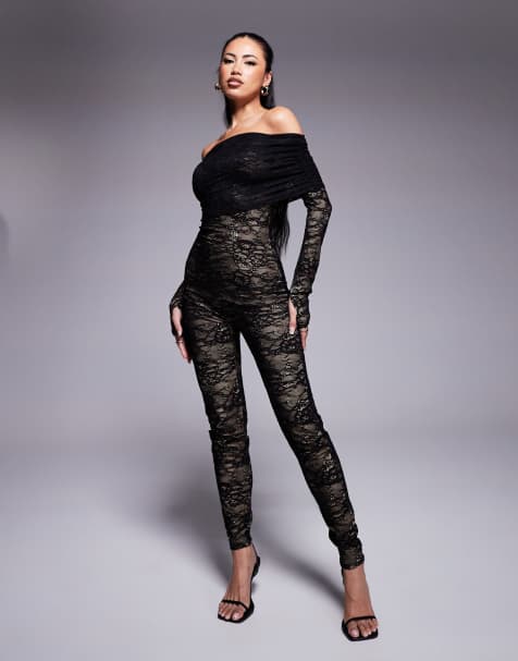 Wanderdoll Riri lace off the shoulder unitard in black - view 1