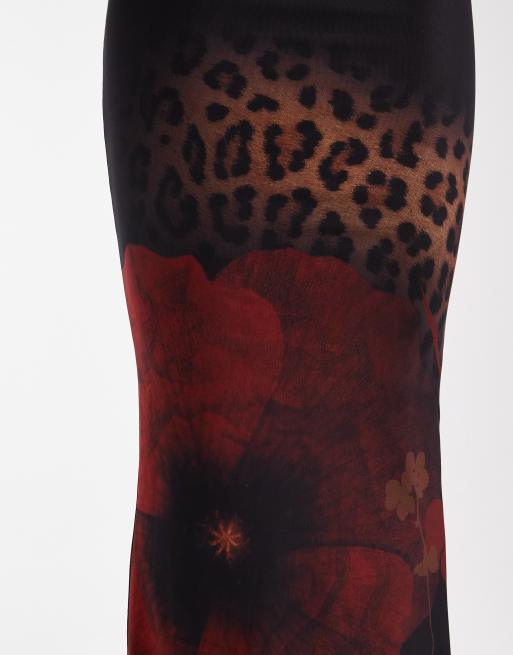 Wanderdoll - Robe longue bandeau moulante et sculptante à imprimé fleur rouge style léopard, 3 de 4