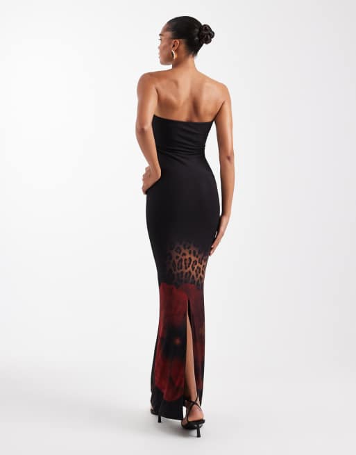 Wanderdoll - Robe longue bandeau moulante et sculptante à imprimé fleur rouge style léopard, 4 de 4