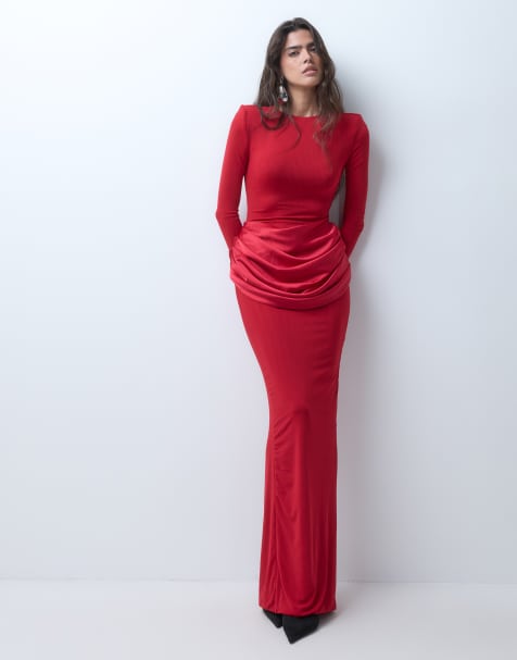 Wanderdoll robe longue en satin drapé sculpté à la taille avec détail épaules structurées rouge - view 1