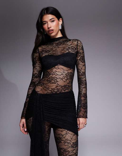 Wanderdoll Roxy sheer lace high neck drape waist detail wide leg jumpsuit in black, 2 of 4