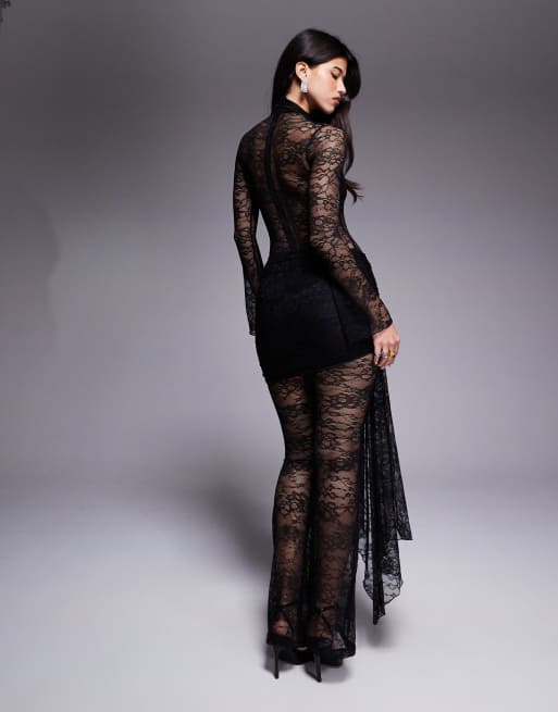 Wanderdoll Roxy sheer lace high neck drape waist detail wide leg jumpsuit in black, 4 of 4