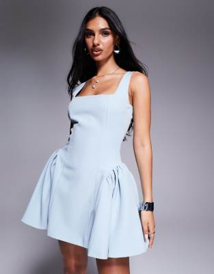 Wanderdoll - Sabrina - Elegantes Minikleid in Babyblau mit eckigem Ausschnitt und Strukturfalten