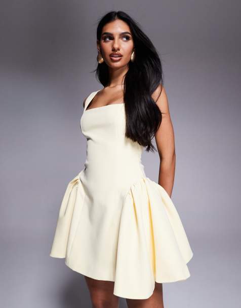Wanderdoll Sabrina tailored square neck side pleat mini dress in lemon - view 1