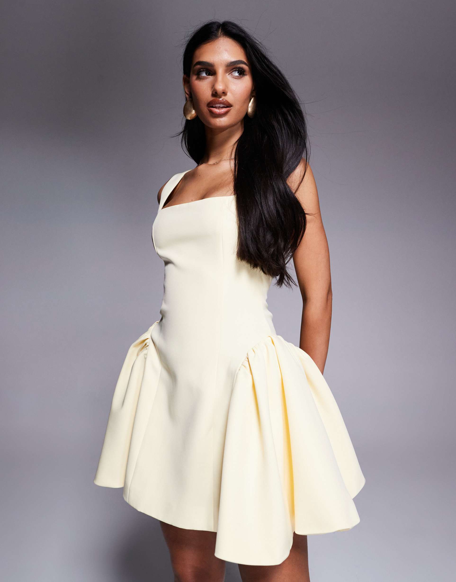 wanderdoll sabrina tailored square neck side pleat mini dress in lemon