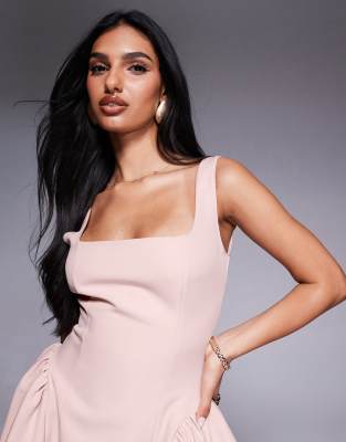 Wanderdoll Sabrina tailored square neck side pleats mini dress in soft pink