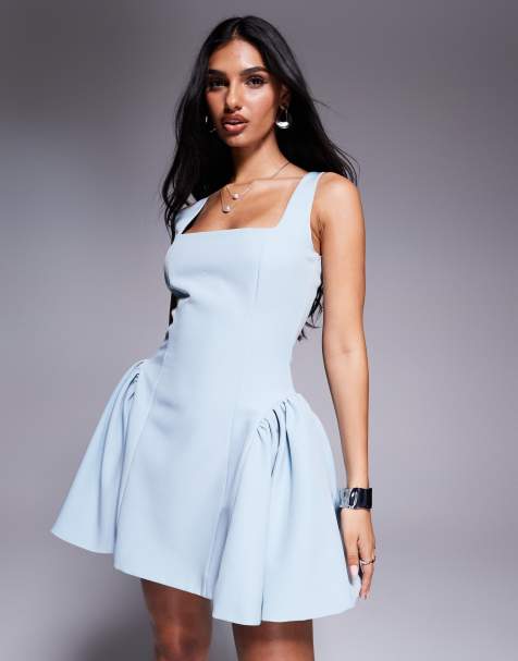 Wanderdoll Sabrina tailored square neck structured pleat mini dress in baby blue - view 1