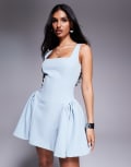[Wanderdoll] Wanderdoll Sabrina tailored square neck structured side pleat mini dress in baby blue XS BLUE