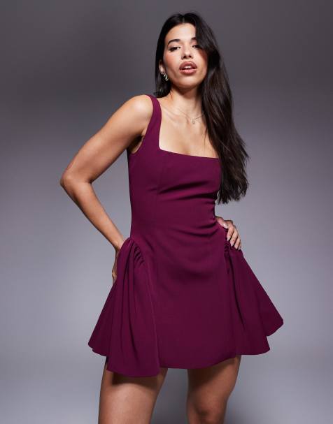 Wanderdoll Sabrina tailored square neck structured side pleat mini dress in cherry - view 1