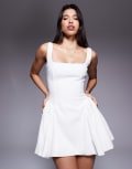 [Wanderdoll] Wanderdoll Sabrina tailored square neck structured side pleat mini dress in white L WHITE