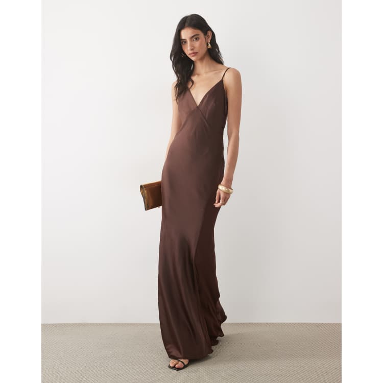 Wanderdoll Sadran satin cami mesh panel maxi dress in chocolate | ASOS