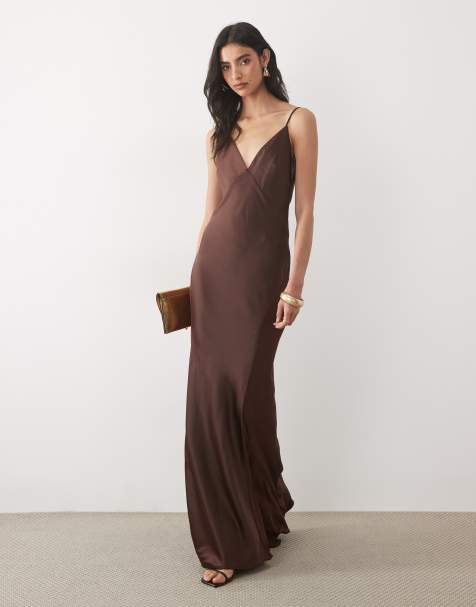 Wanderdoll Sadran satin cami mesh panel maxi dress in chocolate