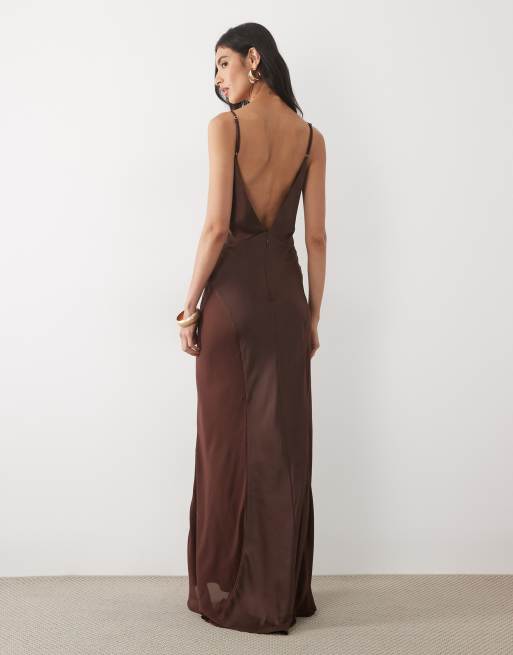 Wanderdoll Sadran satin cami mesh panel maxi dress in chocolate, 2 of 4